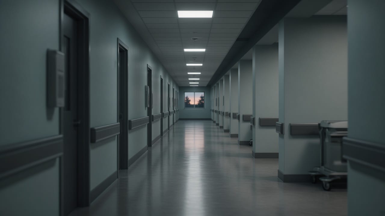 A hospital corridor in low light