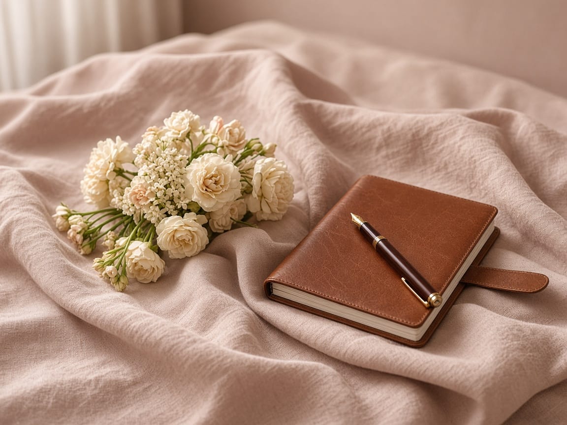 A notebook and pen resting on bed linens